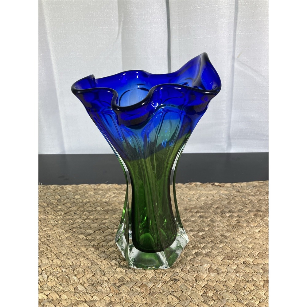 Vintage Cavalier Blue And‎ Green Swung Glass Vase 9.5"